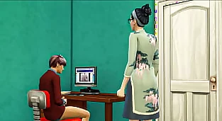 亞洲繼母再次發現她的繼子在房間裡在電腦前看色情電影，她決定通過與他發生性關係來幫助他